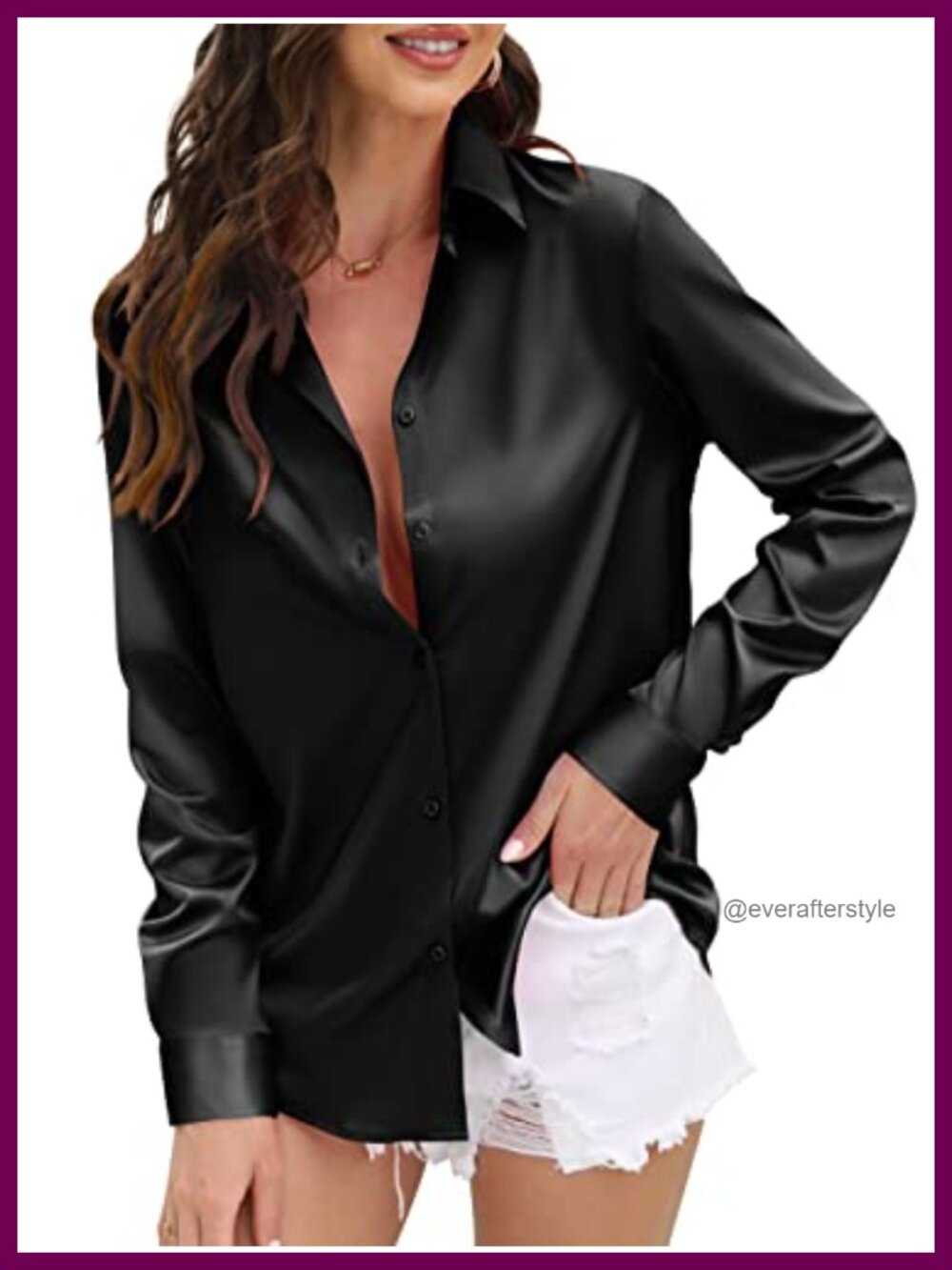 Satin Silk Button Down Blouse Long Sleeve V-Neck Work Shirt